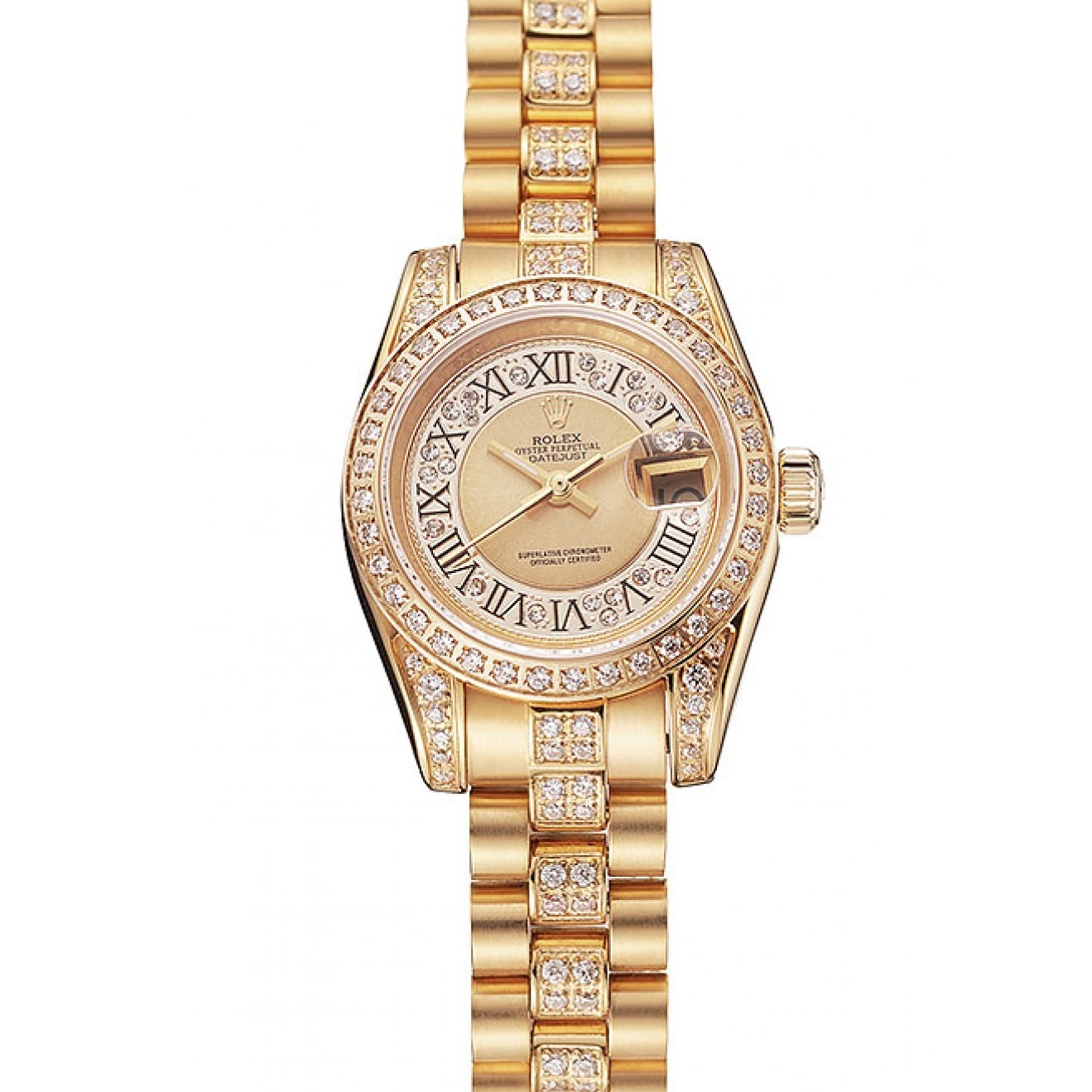 Aaa replica Rolex Dial DayJust Swiss Bracelet Diamond Diamond Gold Gold Pave 1453953 0520